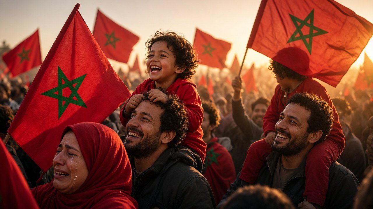 Familles marocaines et drapeaux, fierté partagée.
