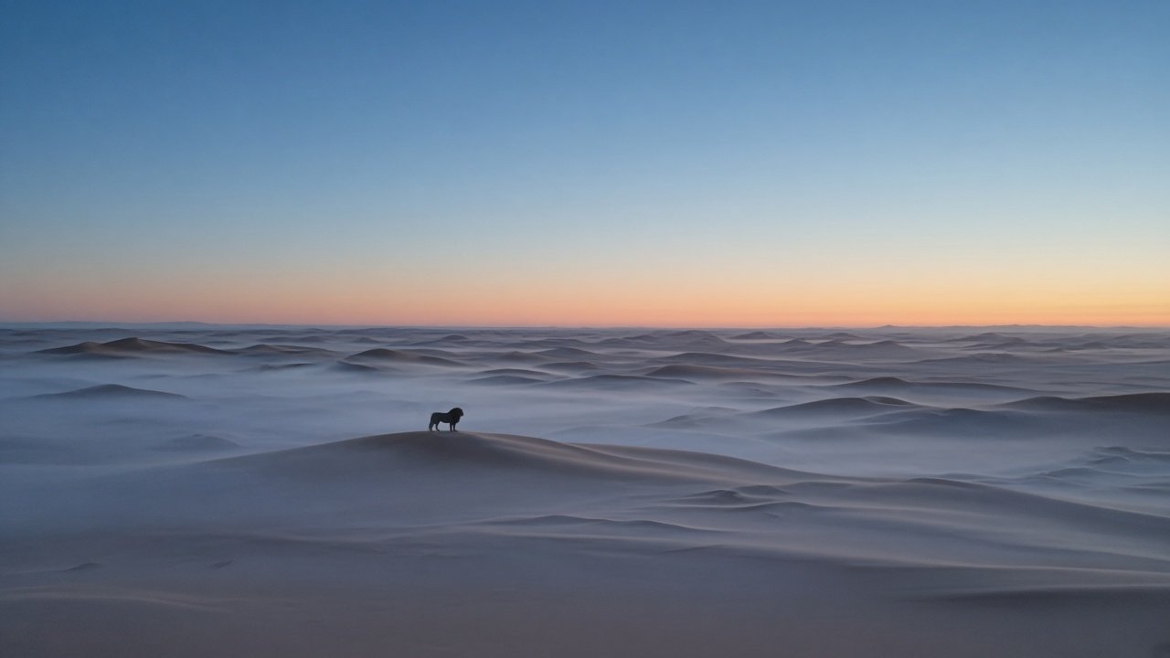 Un lion immobile sur une dune, au Sahara.